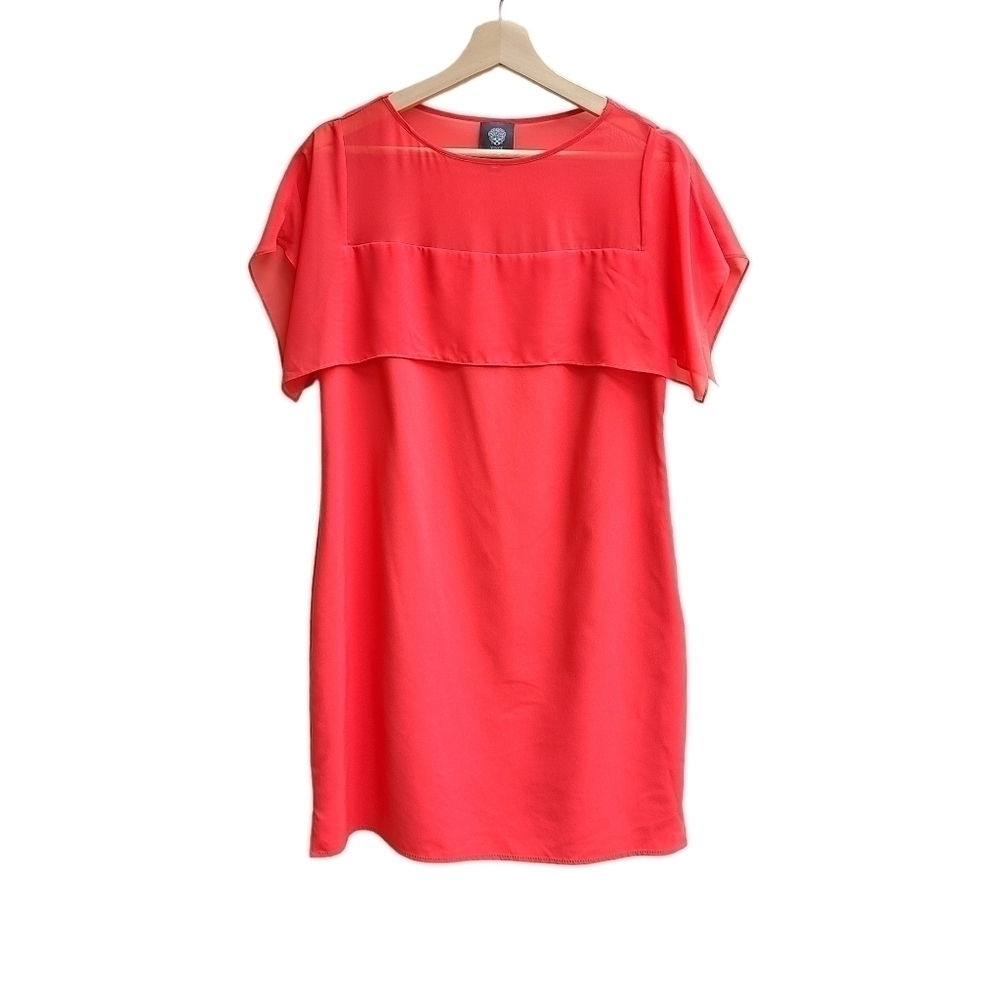Vince Camuto Coral Shift Dress with Sheer Top Ruffle, Size Medium